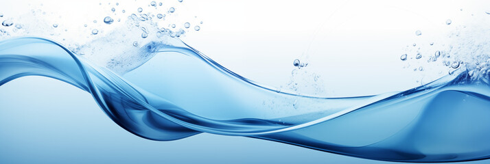 Horizontal water banner with wave effect, 3:1 resolution, blue color, water drops, space for text - obrazy, fototapety, plakaty
