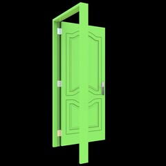 Green door Unbarred Doorway on Isolated White Canvas