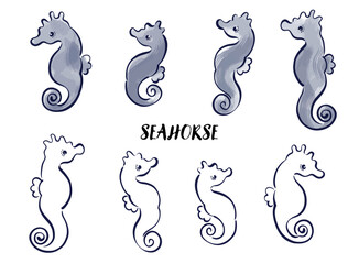 筆、水墨画タッチのタツノオトシゴの和風イラストセット
Brush and Sumi-e Style Japanese,Ink painting Illustration Set of Seahorses
