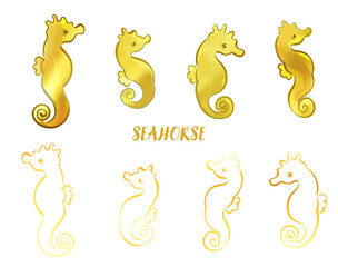 ゴールド_水墨画タッチのタツノオトシゴの和風イラストセット
Gold Sumi-e Style Japanese,Ink painting Illustration Set of Seahorses
