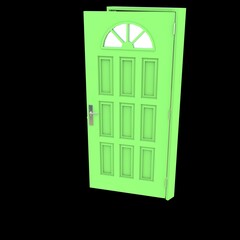 Green door Illuminated Entryway against Isolated White Setting