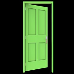 Green door Unbarred Entry against Pure White Isolation