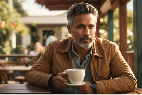 Handsome middle-aged man drinking coffee in a cafe on the street
