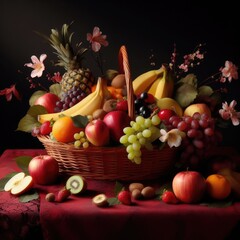 A fruit basket on a red tablecloth with a variety of fruits such as grapes, bananas, strawberries, kiwis, and apples, and some flowers and leaves. The background is black, and the lighting is soft and