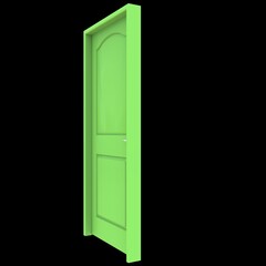 Green door Illuminated Passage against White Background Isolation