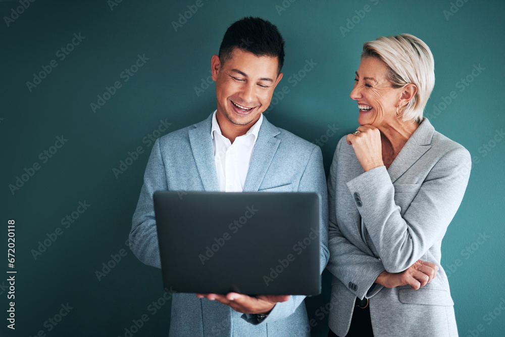 Poster Laptop, teamwork and planning with a business team in studio on a green background for strategy. Computer, collaboration or management with a man and woman working on growth as company leadership