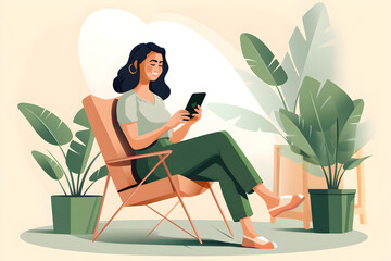 Fototapeta na wymiar young adult smiling pretty woman sitting on chair holding smartphone using cell phone modern technology, looking at mobile phone while remote working or learning, texting messages at home office