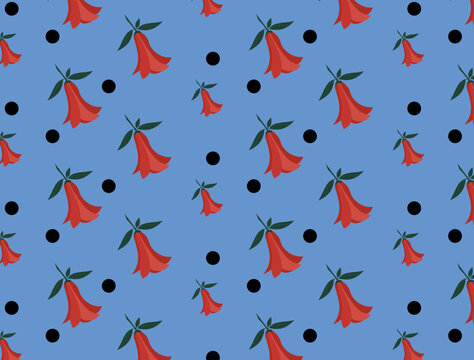 Seamless pattern with lapageria, Copihue flower pattern. Copihue, Chilean bellflower seamless floral pattern. National flower of Chile. Vector drawing on blue background