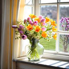 Beautiful flowers in a vase by the window, illuminated by the spring sunshine.(Generative AI)