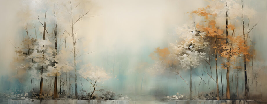 atmospheric painting of the woodland landscape in fog, a picturesque forest environment in soft natural colours