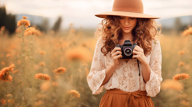 Photographer, fashionista, and hipster using a camera to capture the beauty of nature