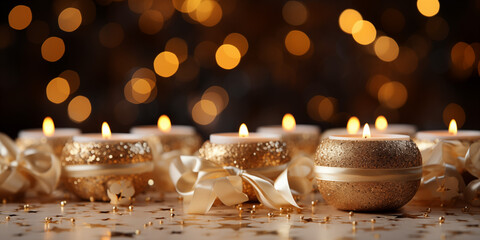 Funkelnde goldene Weihnachts Kerzen mit wunderschönen Lichter Bokeh im Hintergrund im Querformat für Banner, ai generativ