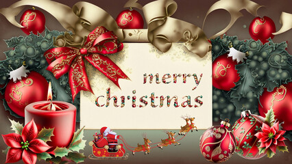 Merry Christmas text made of Christmas decorations, on a worn paper, surrounded by Christmas decorations, Santa Claus and her reindeer, and candles.