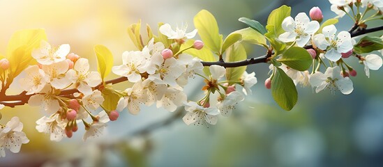 Obraz premium In the rays of the spring sun a bee is soaring towards the flowers on a branch of a blooming apple tree