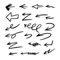 Handwritten arrows set doodle style icons. Black color sign vector art.