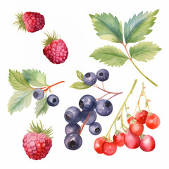 Berries in watercolor collection with flower and leaf with branch