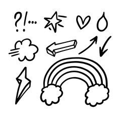 Doodle icons set different objects. Black color in cartoon style vector illustration.