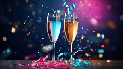 A two glass of sparkling wine on a colorful confetti on blur festive background - obrazy, fototapety, plakaty