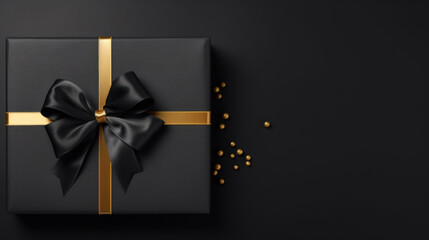 Gift box with golden bow on black background
