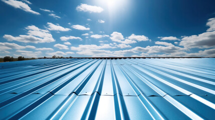 Fototapeta na wymiar Roof metal sheet with blue sky with clouds.