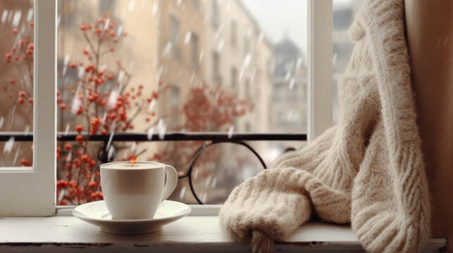 Cup of coffee and knitted sweater on the window age with winter scene outside