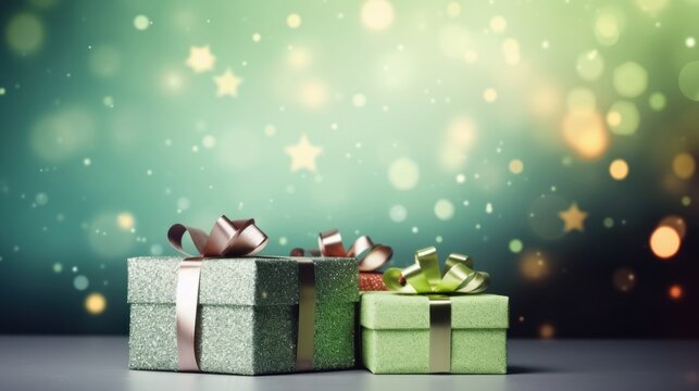 Gift presents on a light green background with colorful bokeh and stars glittering