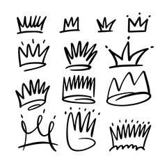 Handwritten doodle crowns set. Black color sketch art vector illustration in comic style.