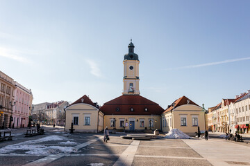 A beautiful square with historical buildings on a sunny day. Kosciuszko Market Square in Bialystok, Poland, March 3, 2021 - Powered by Adobe