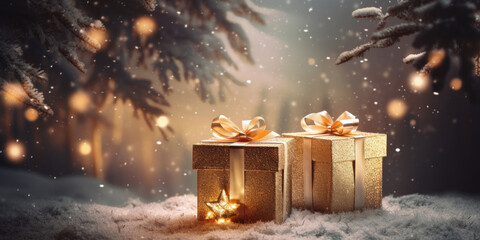 Two golden gift boxes in a winter Christmas forest