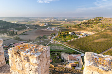 Curiel de Duero, Spain - October 12, 2023: aerial view of the town from the top of the town castle tower in Curiel de Duero, Spain - obrazy, fototapety, plakaty