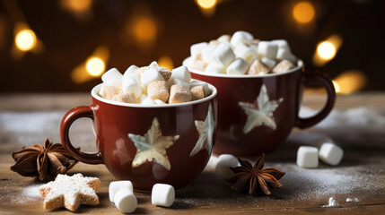 Two cups of hot chocolate with marshmallows - obrazy, fototapety, plakaty