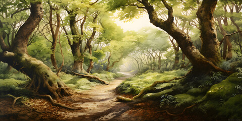 scenic watercolour painting of the woodland landscape, a picturesque forest environment in soft natural colours