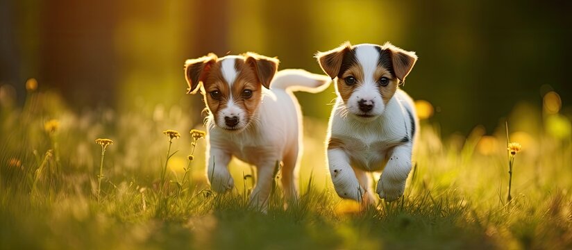 One month old Jack Russell Terrier puppies having fun outside looking adorable