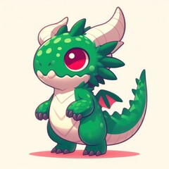 Fototapeta premium A green dragon-like creature with a white belly, two large red eyes and two horns on its head, standing on its hind legs with its front legs slightly lifted