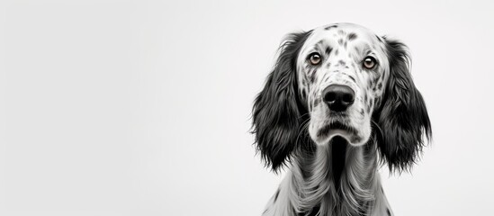 Black and white photograph of a young English setter dog against a white backdrop