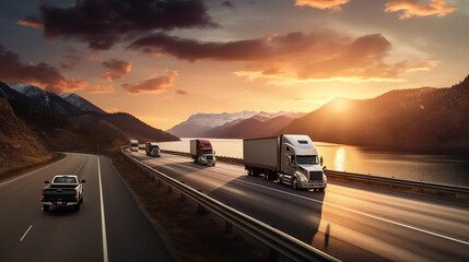 Commercial trucks and trailers on scenic highway at sunset