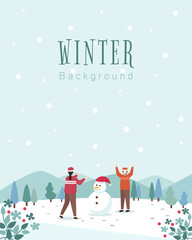 Korean winter background with snowman and two girl - obrazy, fototapety, plakaty