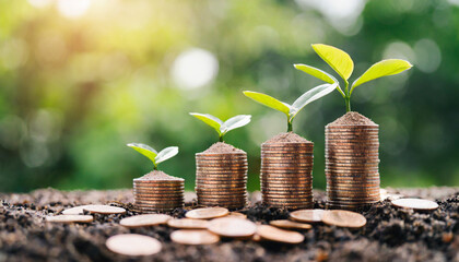 money coins sprouting as plants, piggy bank, and clock representing financial growth, savings, inflation, and long-term investment opportunities. Financial investment and prosperity with interest - obrazy, fototapety, plakaty