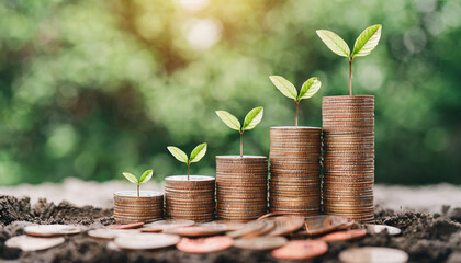 money coins sprouting as plants, piggy bank, and clock representing financial growth, savings,...