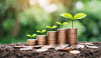 money coins sprouting as plants, piggy bank, and clock representing financial growth, savings,...