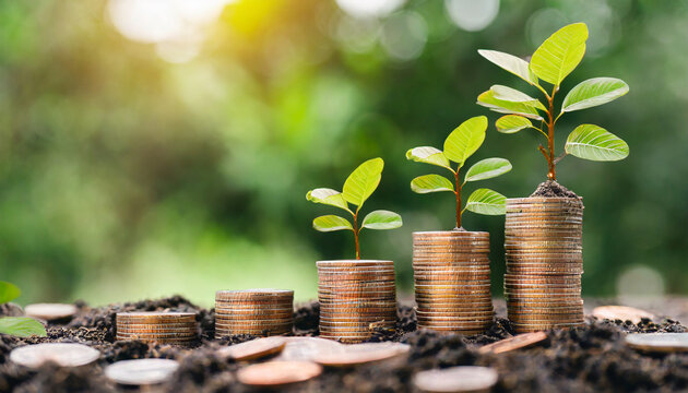 money coins sprouting as plants, piggy bank, and clock representing financial growth, savings, inflation, and long-term investment opportunities. Financial investment and prosperity with interest