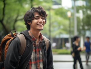 Happy young south east asian college student carry backpack at campus