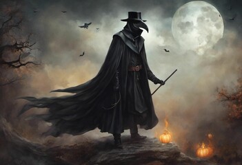 AI generated illustration of a plague doctor in a long-beaked mask against a mysterious night sky