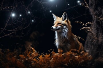 AI generated illustration of a red fox in a forest illuminated by the rising moon in the night sky