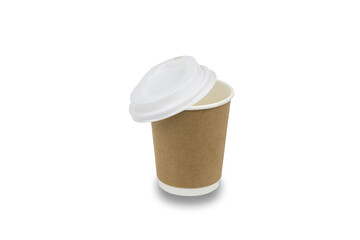 Empty paper cup for coffee made from biodegradable brown paper Isolated on white background with clipping path.