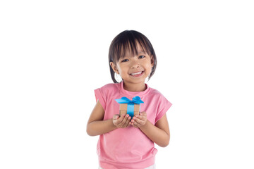 Young Asian girl's hands holding a gift box isolated on white background with clipping path.