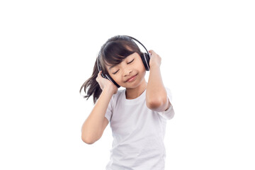 Asian girl with headphones listening to music with closed eyes isolated on white background with clipping path. She wears white T-shirt, shorts. Long hair in tail is flying from moving.