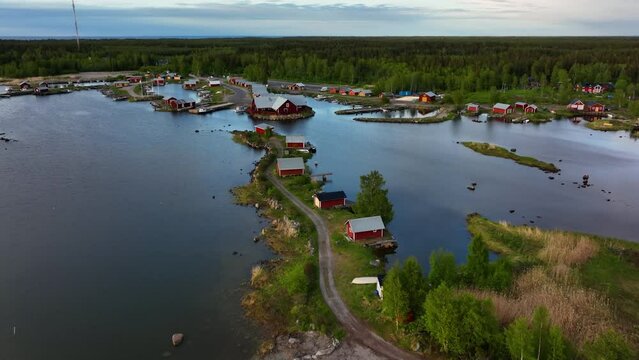 Aerial view over a fishing village in Raippaluoto, Kvarken archipelago of Finland