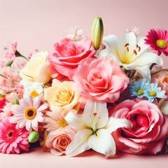 A group of colorful flowers on a pink background.