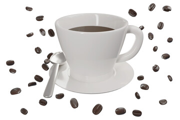 3d rendering a coffee cup and a spoon with coffee beans scattered around transparent